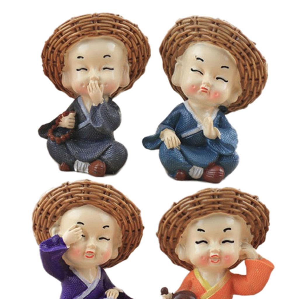 4Pc Resin Monk Figurines Cute Little Monk Statue Sculpture Decor Lovely Gift