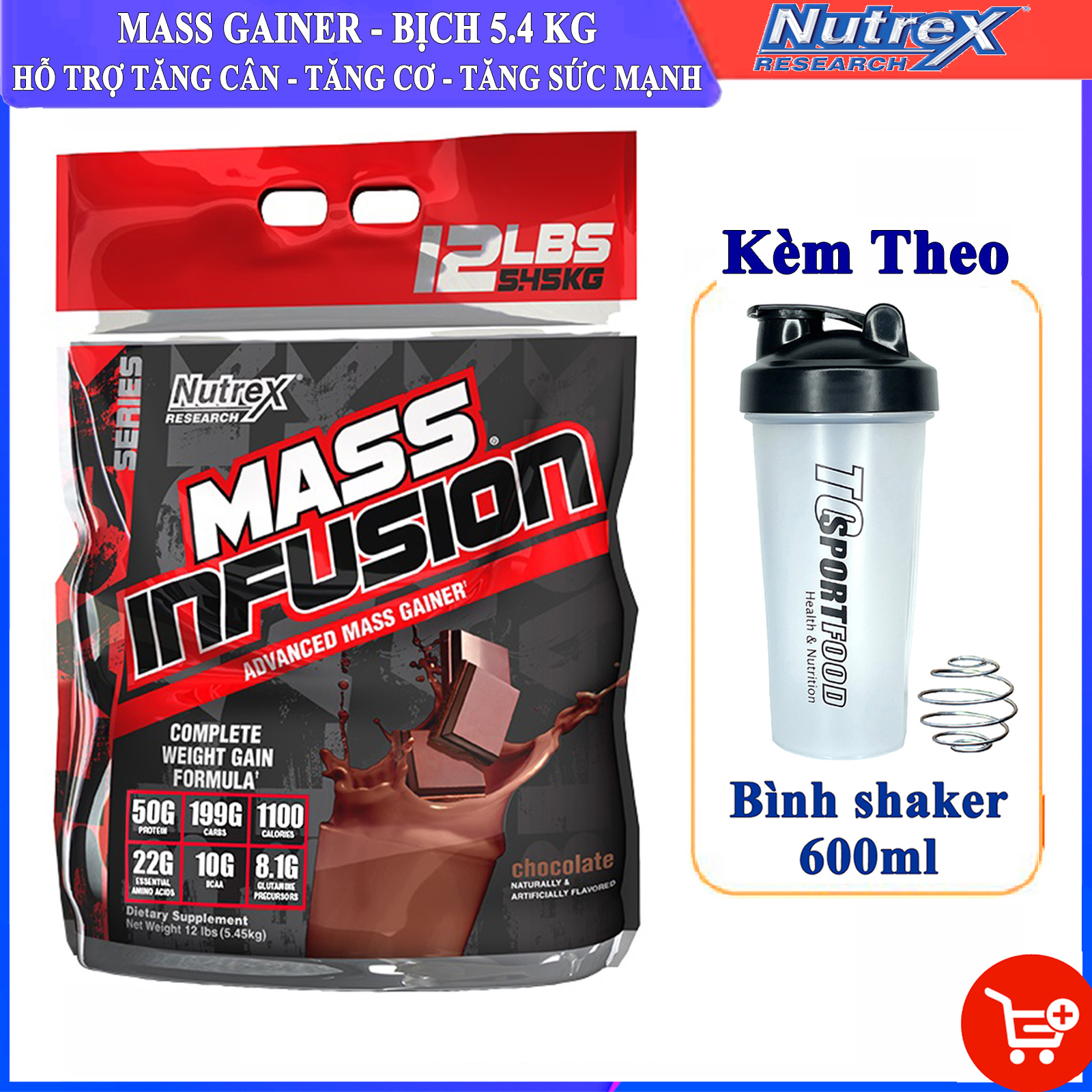 Combo Sữa tăng cơ & tăng cân Mass Infusion của Nutrex bịch lớn 5.45kg hỗ trợ tăng cơ, tăng cân nhanh, có enzim tiêu hoá cho người dị ứng lactose & Bình lắc 600 ml (Mẫu Ngẫu Nhiên)