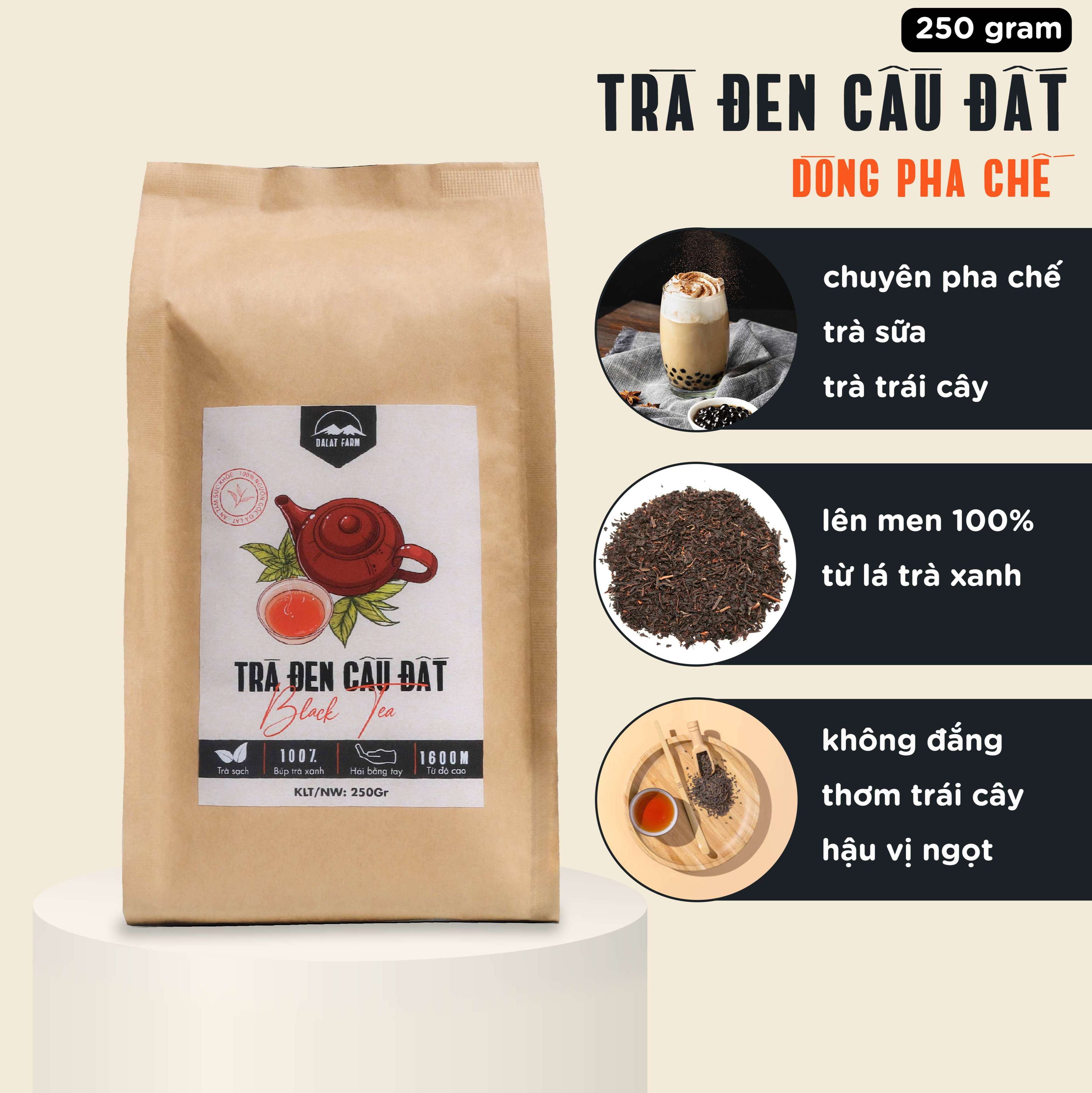 Hình ảnh Trà Đen Cầu Đất DalatFarm - Túi 250Gr (Hồng Trà - Black Tea nguyên liệu pha chế trà sữa trà đào)