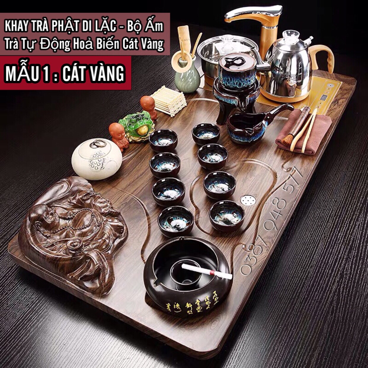 Bàn trà điện thông minh tự động đa năng phật di lặc khung gỗ cao cấp DL 12 ,Phong cách trà đạo,Một bộ đủ món như hình