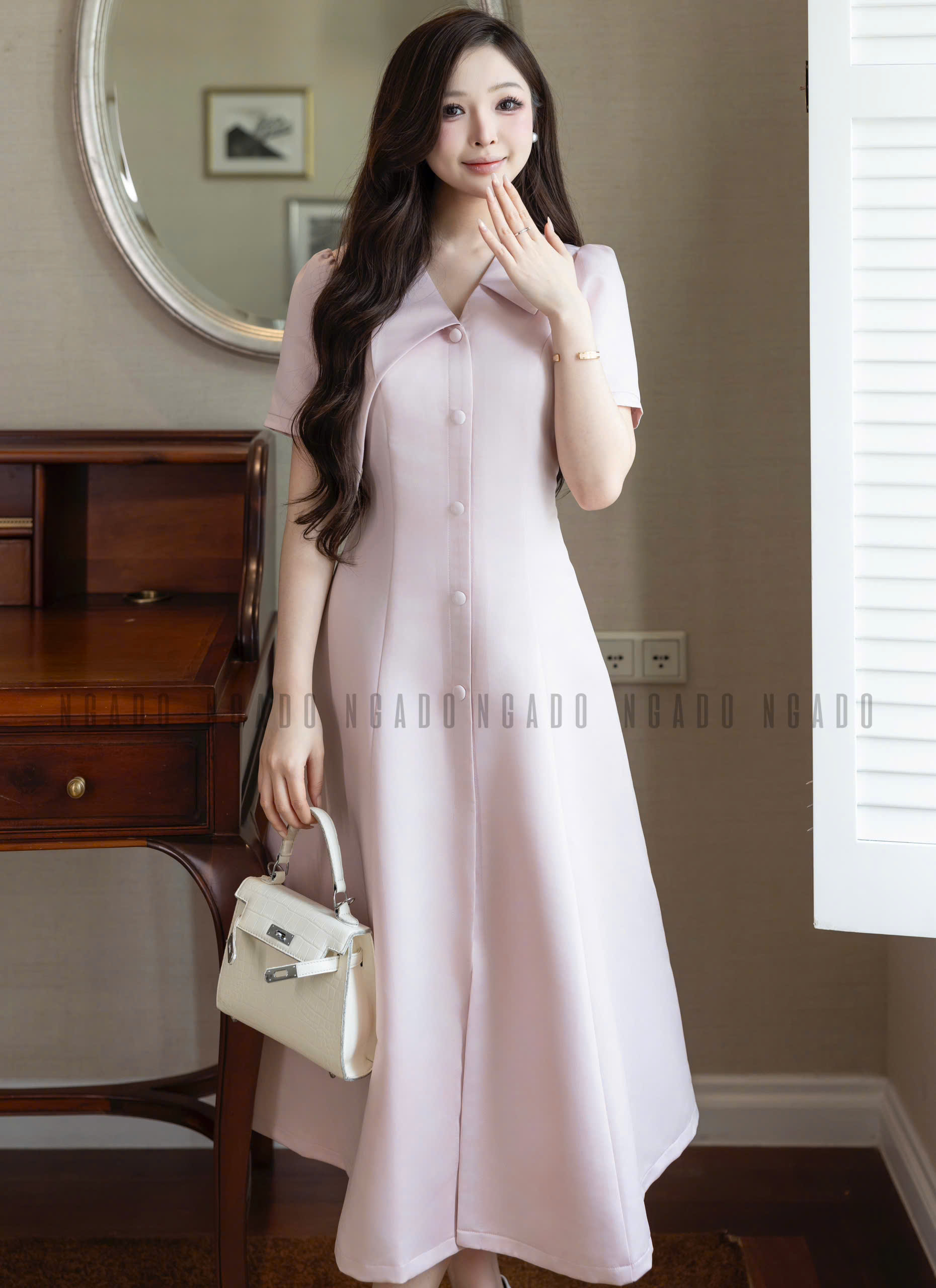 Đầm hồng cổ vest NGADO , đầm công sở , dự tiệc