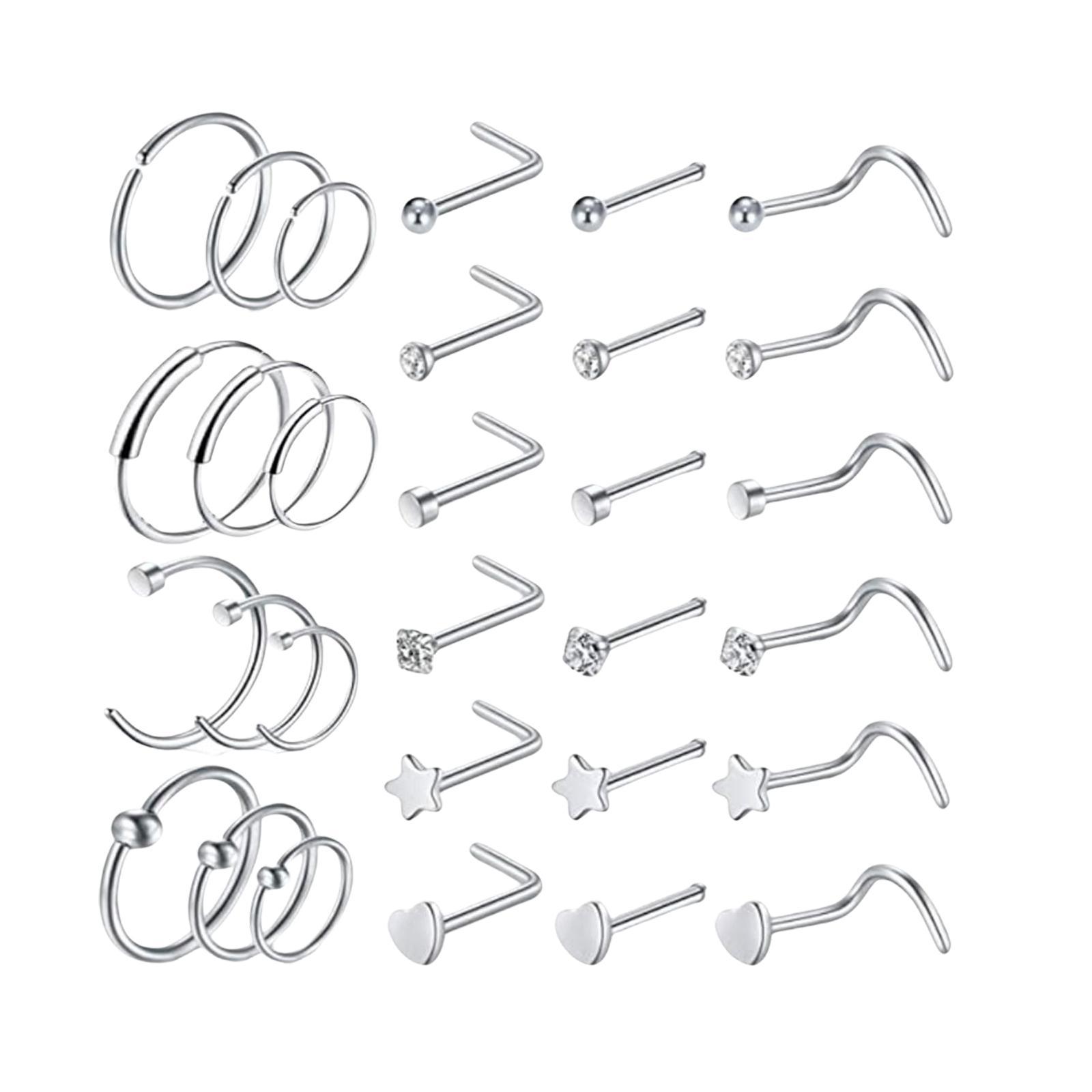 30Pcs Stainless Steel Stud Nose Ring L Shape Nose Piercing for Womens Mens