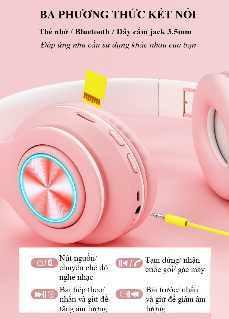 Tai nghe chụp tai Bluetooth 5.0 Iboom Macaron Hỗ Trợ Thẻ Nhớ, Dây 3.5mm, Đài FM - Hàng Nhập Khẩu