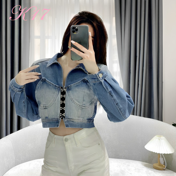 Áo khoác jeans nữ hàng hiệu rosata cao cấp màu xanh thời trang k17