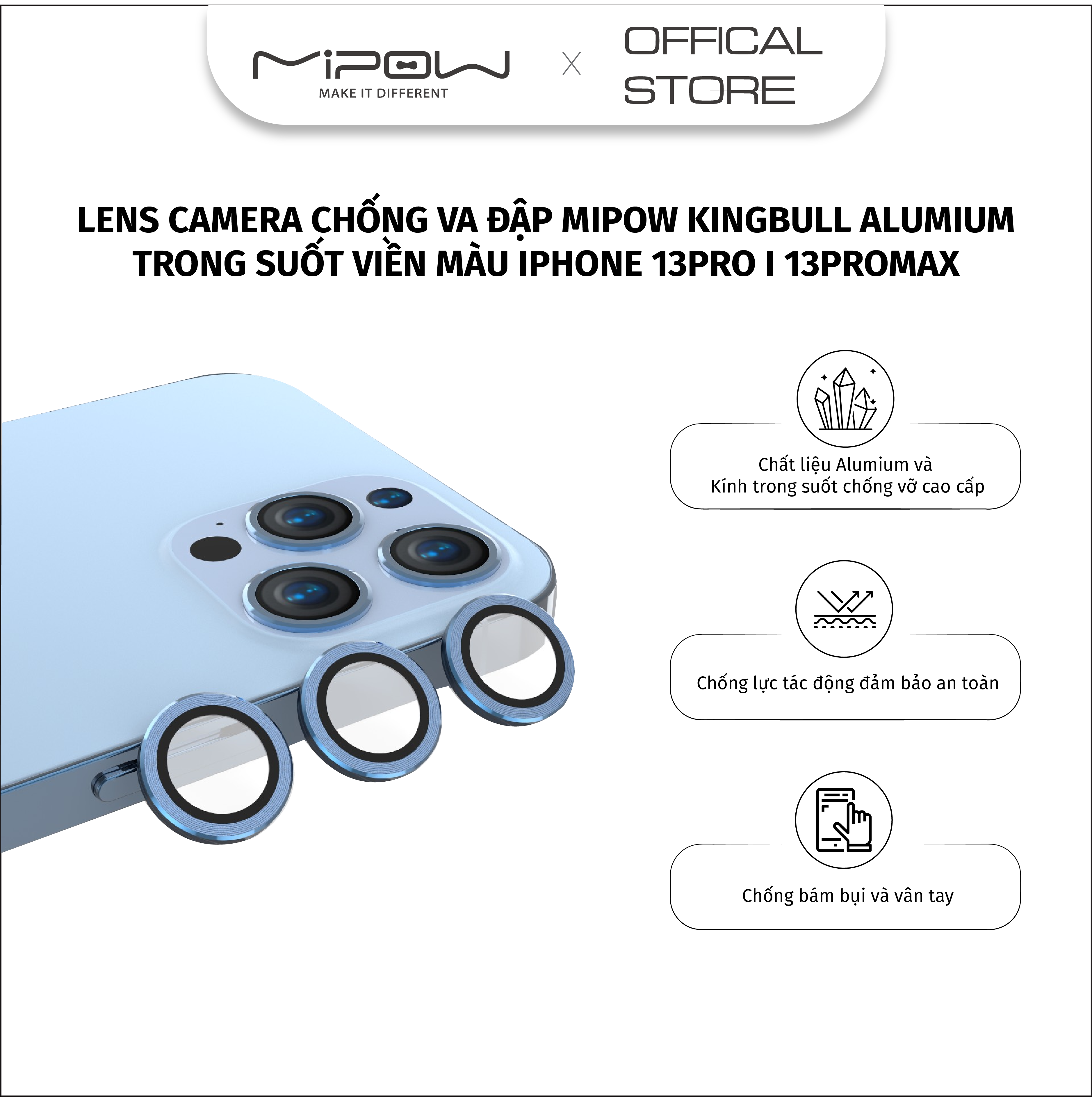 LENS CAMERA CHỐNG VA ĐẬP MIPOW KINGBULL ALUMIUM TRONG SUỐT VIỀN MÀU CHO IPHONE 13PRO/13PROMAX  - hàng chính hãng