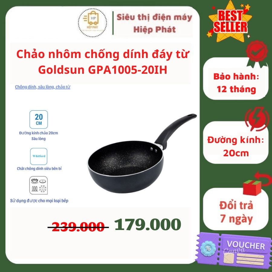 Chảo chống dính sâu lòng đáy từ Goldsun GPA1005-20IH, đường kính 20cm dùng mọi loại bếp, công nghệ chống dính Mỹ - Hàng chính hãng
