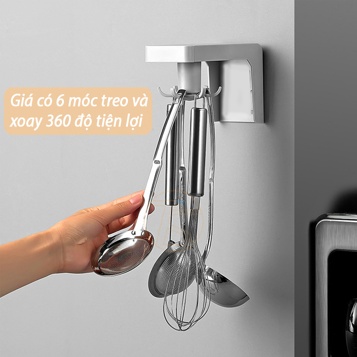 Giá treo 6 móc xoay 360 độ dán tường dùng treo bông tắm, xẻng, muôi, chìa khóa và các đồ vật khác trong nhà tiện lợi