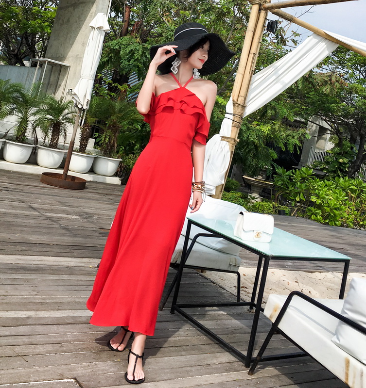Hàng Quảng Châu - Đầm maxi voan đỏ cổ yếm tay rớt phong cách tiểu thư siêu xinh - D143290