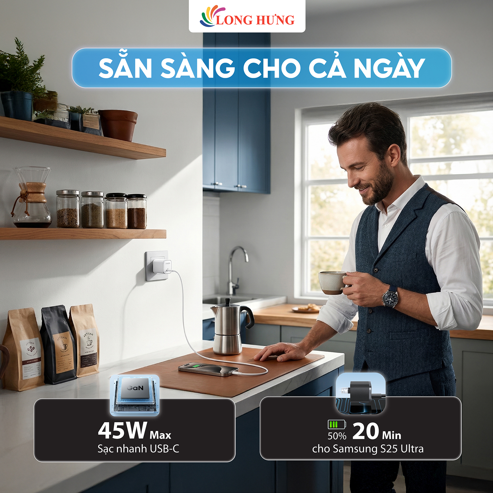 Combo cốc sạc Anker Nano 1C 45W + Cáp USB Type-C to Type-C B2692 - Hàng chính hãng