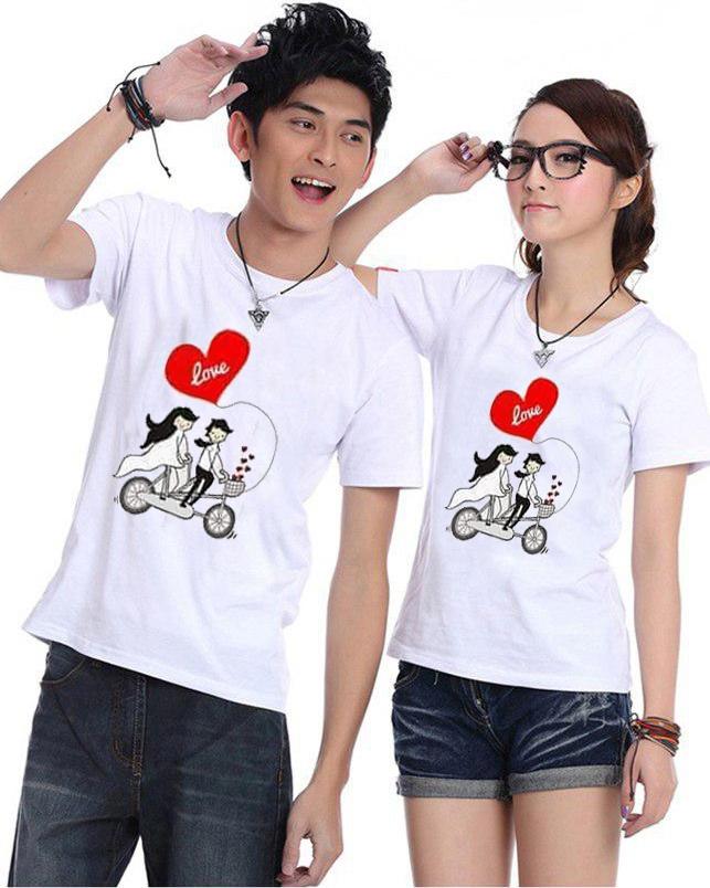 Bộ Áo Thun Đôi Xe Đạp Tình Yêu Màu Trắng Nam Nữ