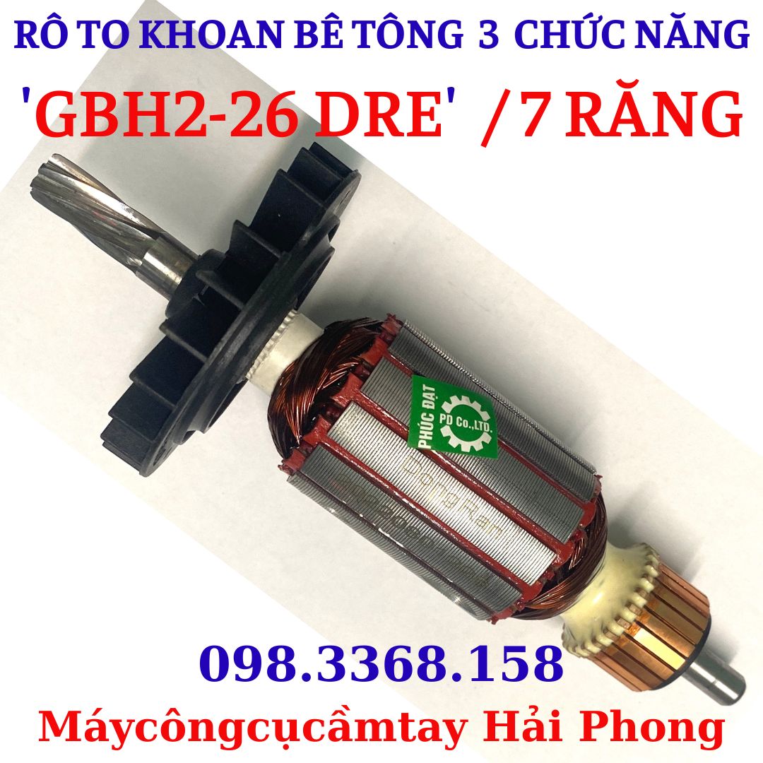 Rô to máy khoan Bê tông 3 chức năng 'Bo$ch' mod.'GBH 2-26 DRE' , 'DCA' mod."AZC05-26B' ... Rotor 7 rănr dấu Huyền . Hiệu DONG RAN