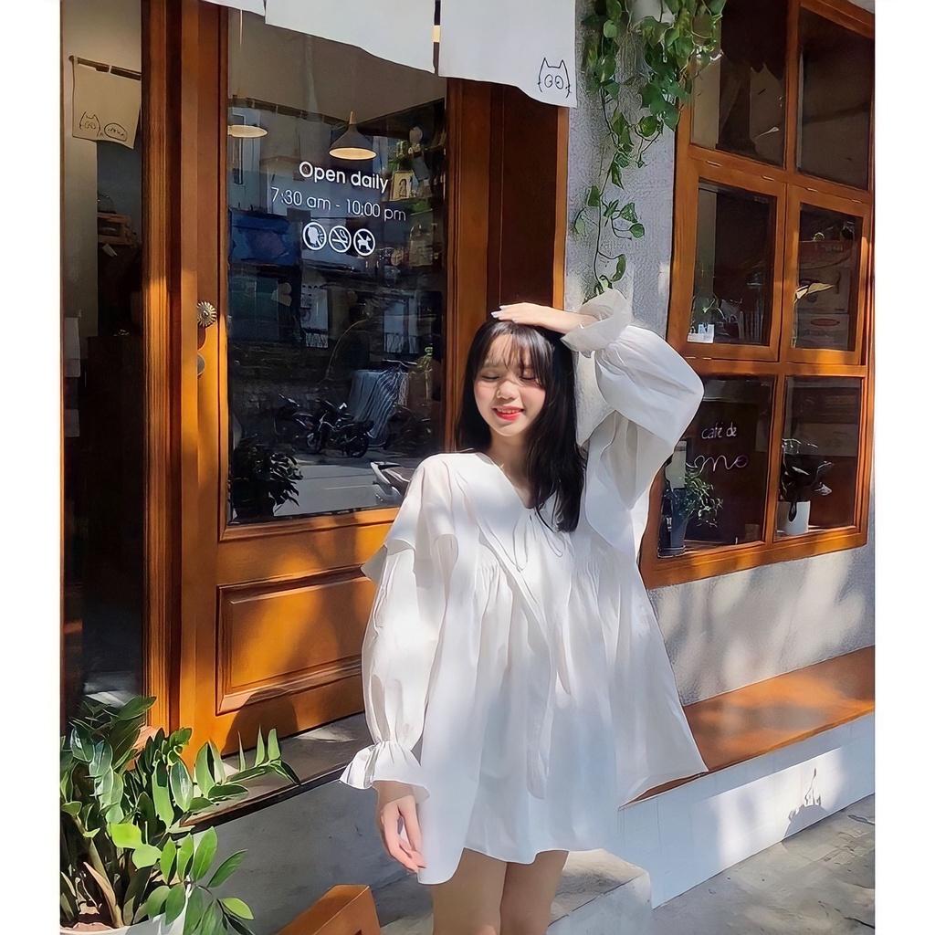 Áo Sơ Mi Nữ Babydoll Dài Tay Cổ Sen Buộc Nơ Tay Bèo