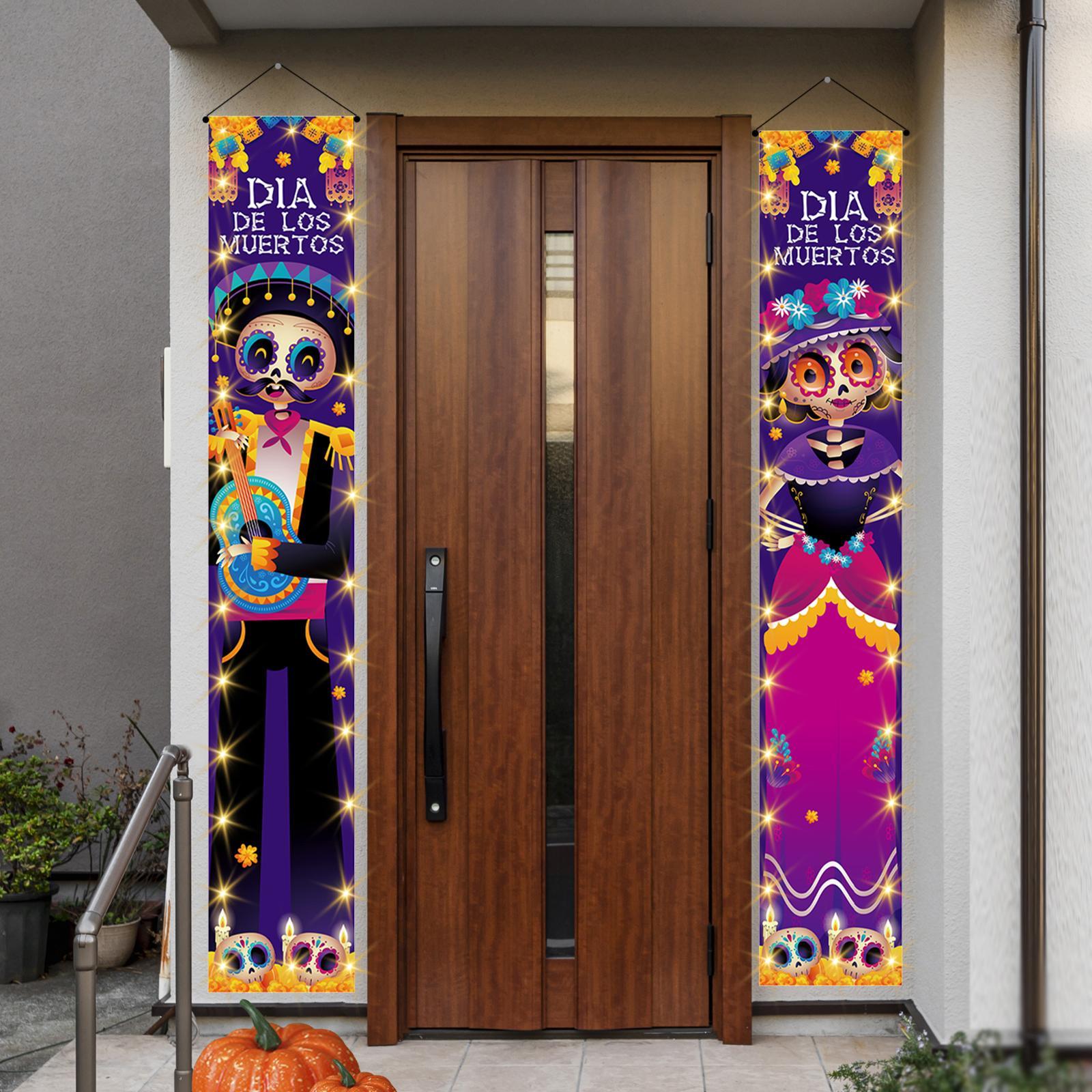 Halloween Banners Mexican Day of The Dead Flag Ornaments Holiday Hanging Banner Decorative Festival Halloween Decorations Lighted Porch Sign