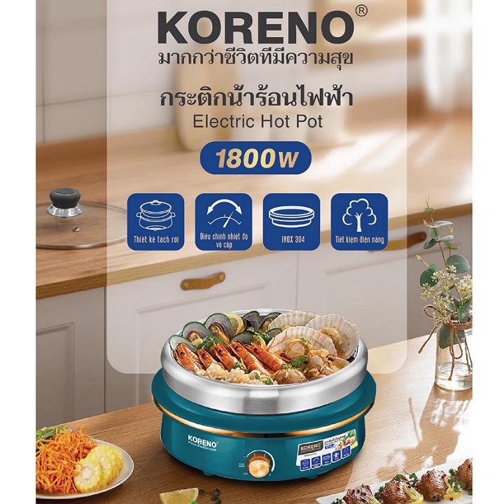 Nồi lẩu điện đa năng Koreno 5 lít KN-857, Lòng nồi bằng inox 304 tháo rời được rễ vệ sinh hàng chính hãng bảo hành 12 tháng