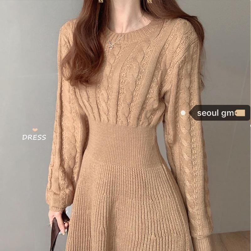 Đầm Sweater Dệt Kim Tay Dài Cổ Tròn Màu Trơn Phong Cách Thời Trang Thu Đông Kiểu Mới