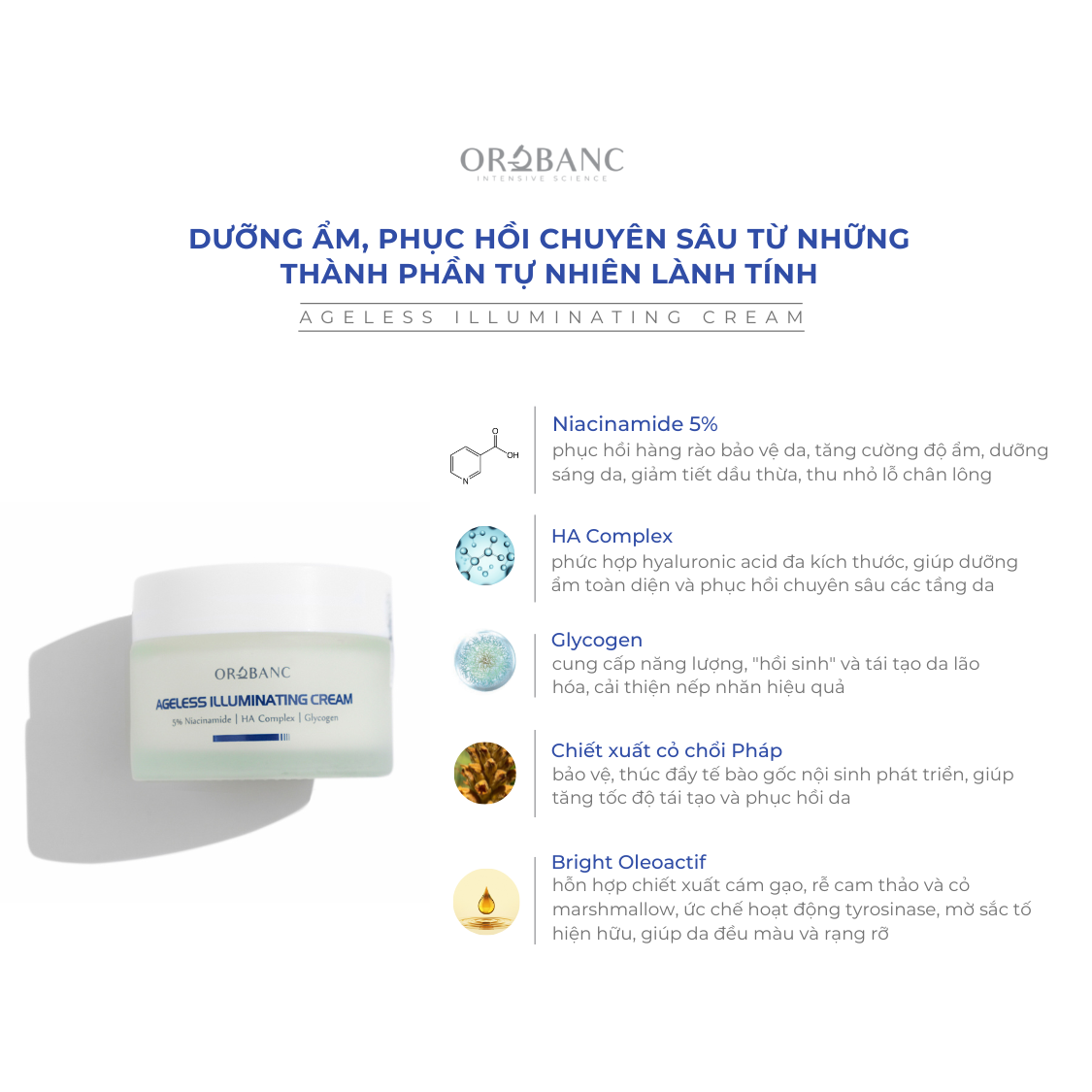 Kem dưỡng ẩm, phục hồi, sáng da và chống lão hóa - Orobanc Ageless Illuminating Cream 40GR