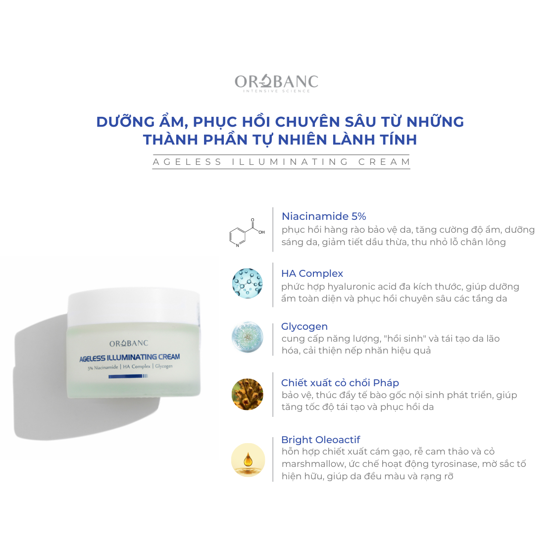 Kem dưỡng ẩm, phục hồi, sáng da và chống lão hóa - Orobanc Ageless Illuminating Cream 20GR