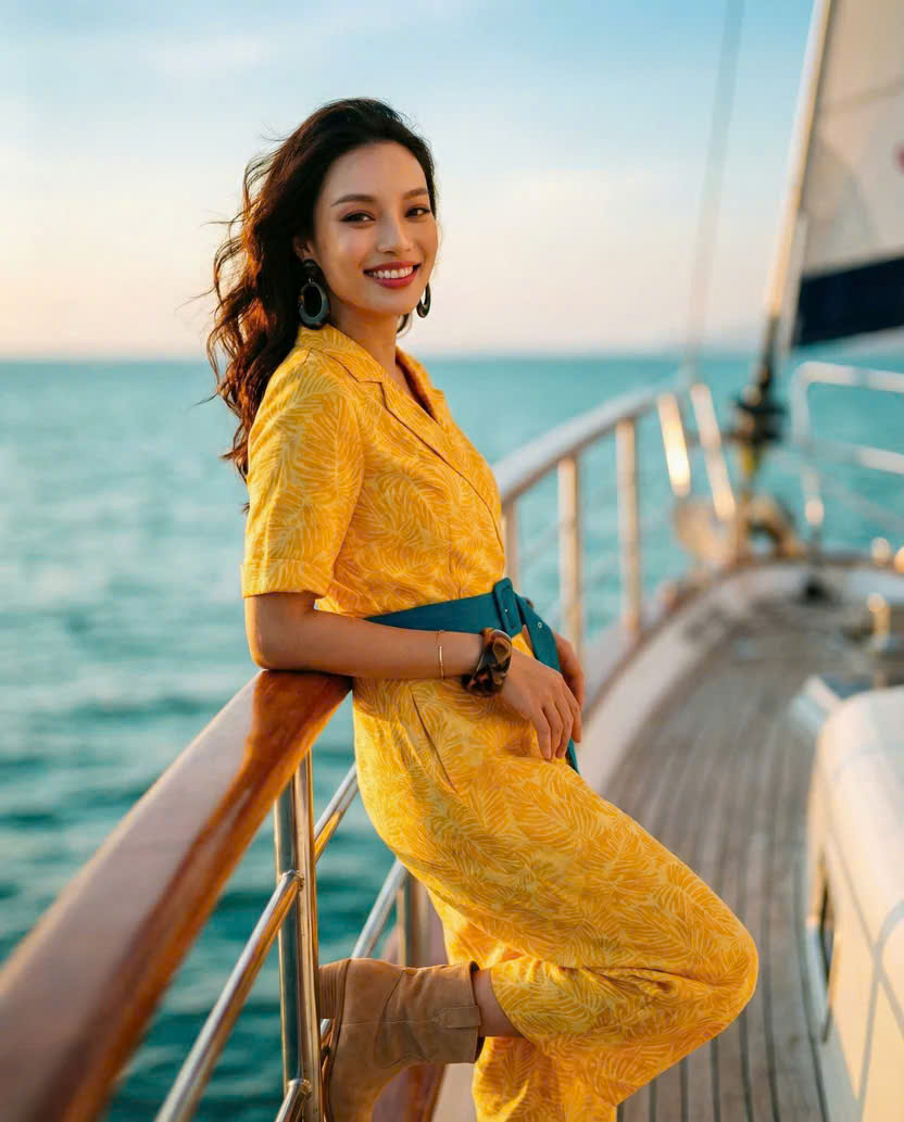 Đồ Bay Jumpsuits Linen Vàng Họa Tiết Lá Kim Diệp DRE239 thời trang thiết kế Hity