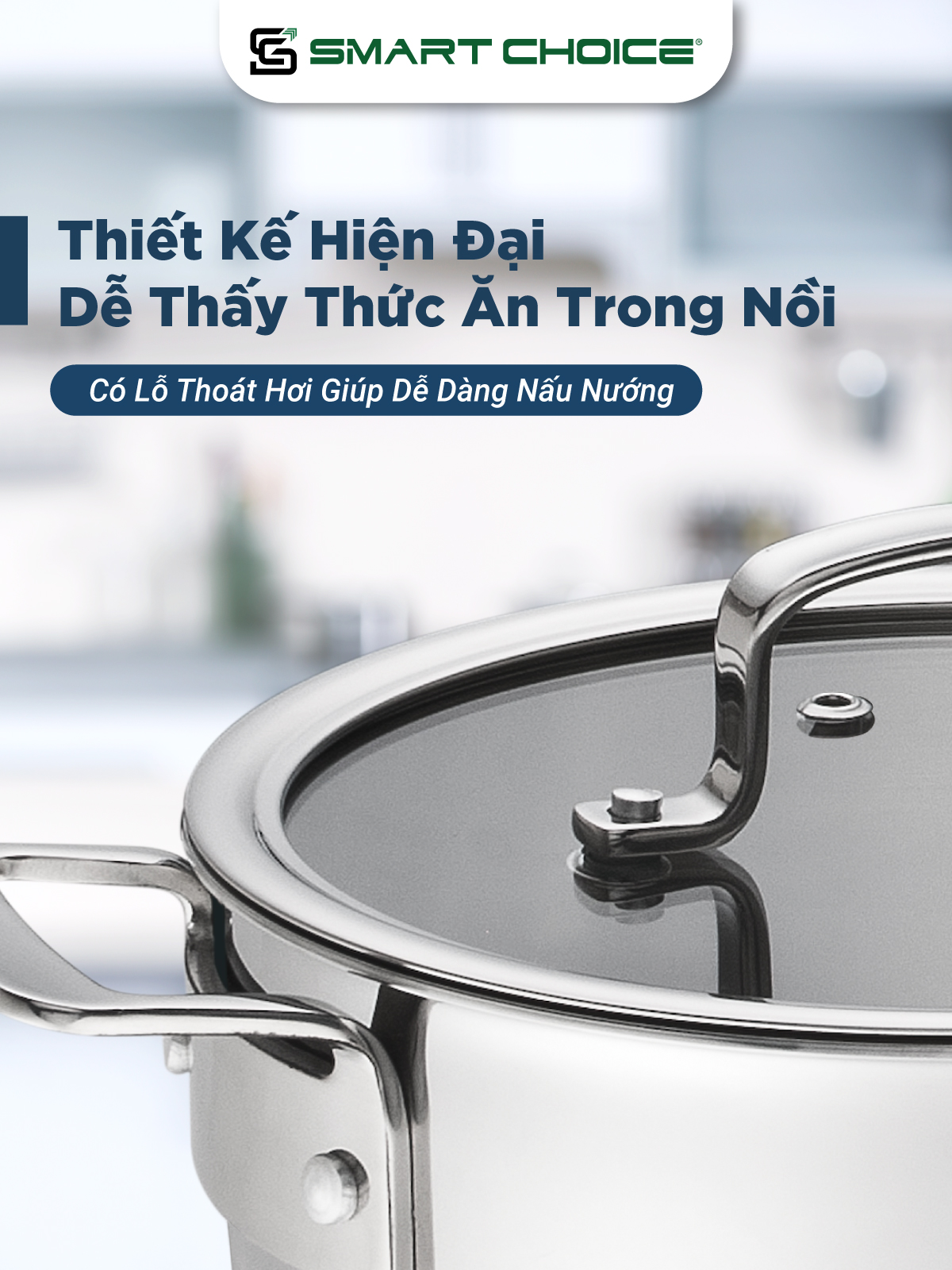 Nồi Inox 304 SmartChoice  SCG-NL001 Chính Hãng Liền Khối 3 Đáy Cao Cấp Nắp Kính 18cm, 20cm, 24cm