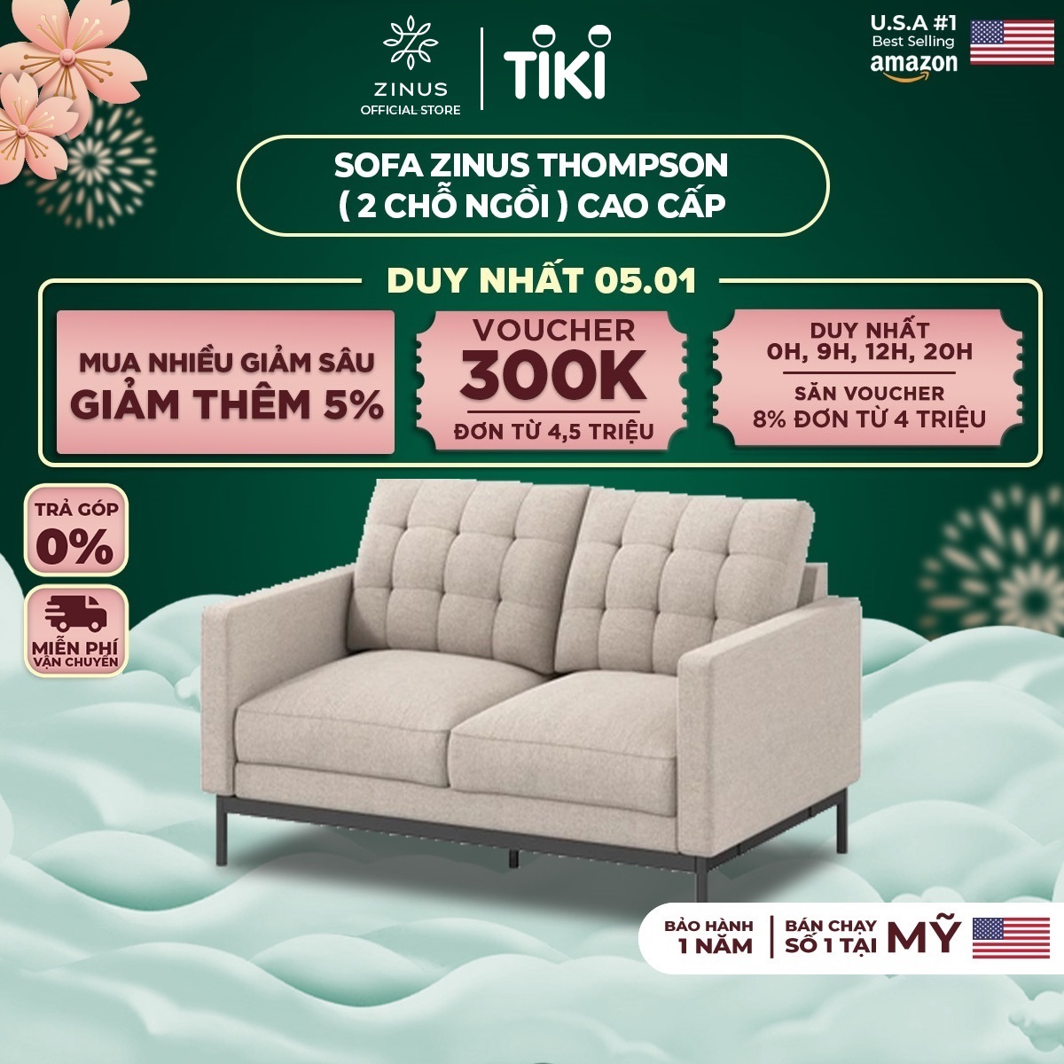 Ghế Sofa Zinus Thompson (2 Chỗ Ngồi) - Zinus Sofa 2 Seater Sofa Beige