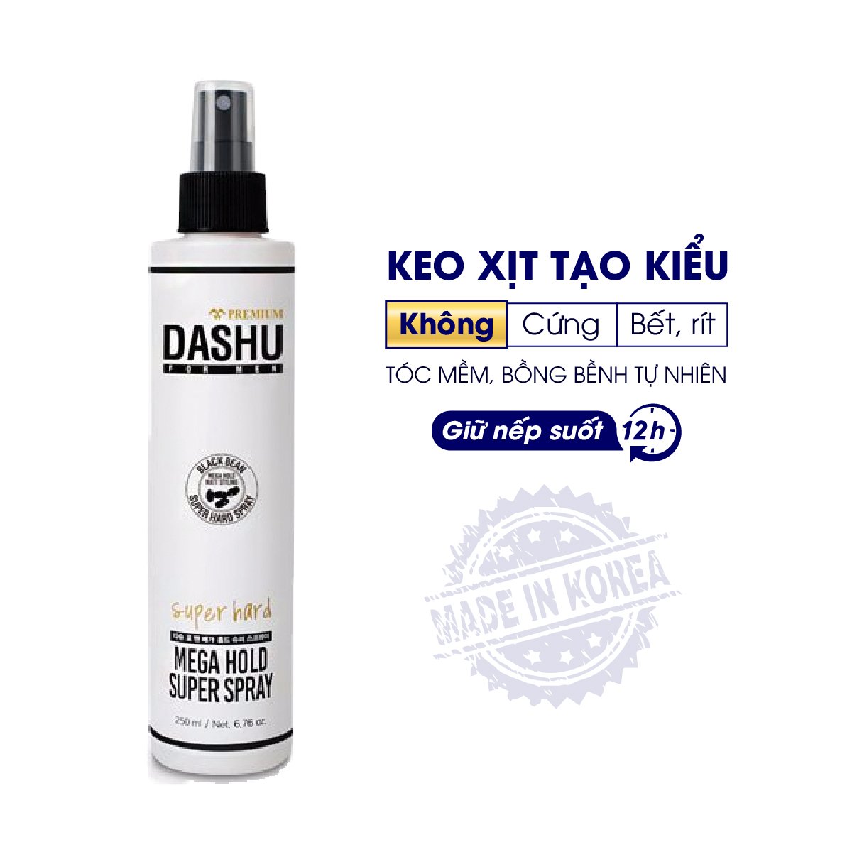 Keo xịt tạo kiểu tóc Nam Dashu Mega Hold Super 50ml, xit định hình cố định, gôm xịt giữ nếp làm khô nhanh, 100% thành phần thiên nhiên an toàn cho tóc, bảo vệ da đầu, giảm thiểu tổn thương tóc khi tạo kiểu tóc bằng Sáp hoặc Pomade.