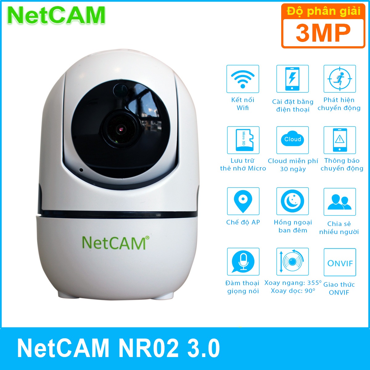 Camera IP WiFi Giám Sát An Ninh NetCAM NR02, độ phân giải 3.0MP - Hàng Chính Hãng