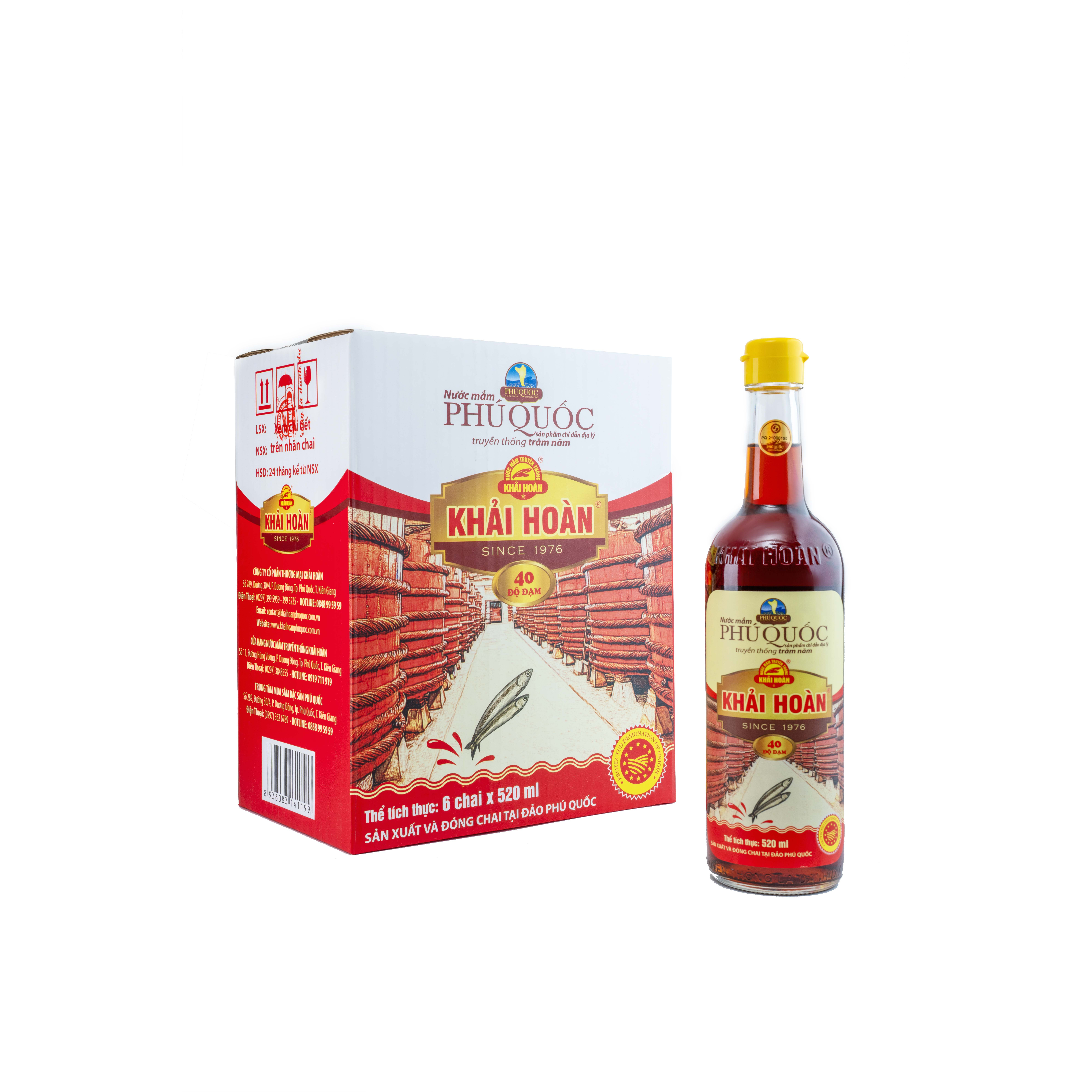 Đặc Sản Phú Quốc - Hộp 6 Chai Thủy Tinh Nước Mắm Phú Quốc Khải Hoàn 40 Độ Đạm - Ocop 5 Sao