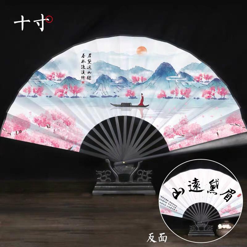 Quạt xếp cầm tay in hình cổ phong chất vải