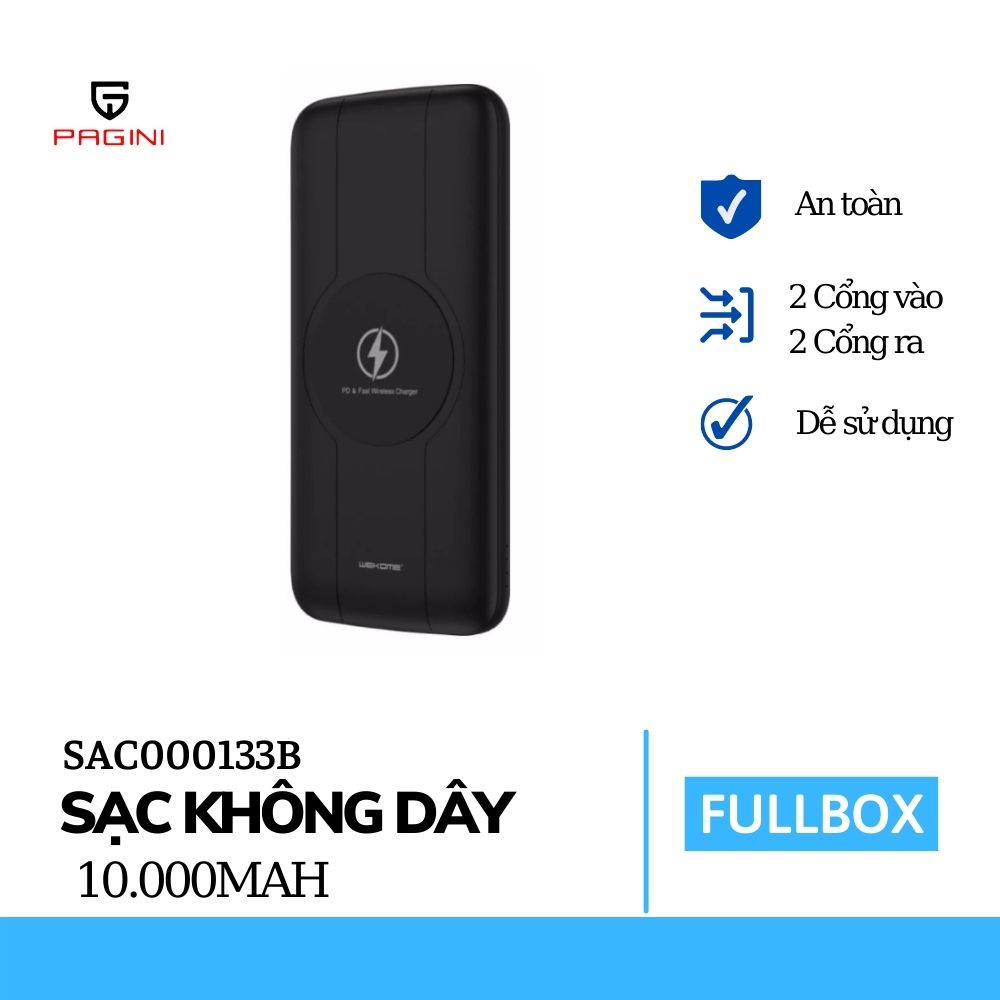 Pin sạc dự phòng không dây 10000 mAh PAGINI WP-133 type C thiết kế nhỏ gọn, sang trọng - 2 cổng USB dòng 5V/2.1A sạc cùng lúc tới 3 thiết bị – Hàng nhập khẩu