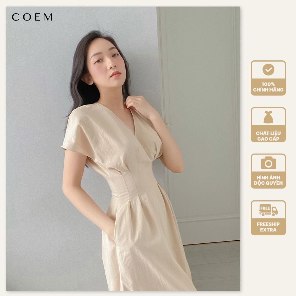 Đầm Nữ Dự Tiệc Sang Trọng Thiết Kế Cổ Xẻ Chiết Eo Thanh Lịch CO EM Đầm Midi Chất Liệu Linen Premium Màu Nude Trang Nhã