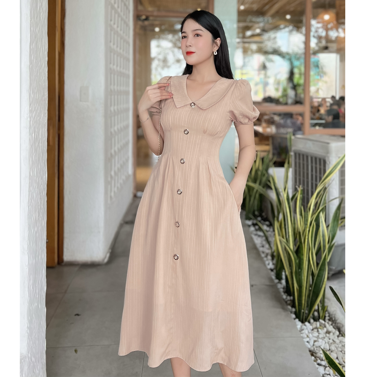 Đầm cổ sen phối nút cách điệu D088 - Khánh Linh Style - Ladyfashion