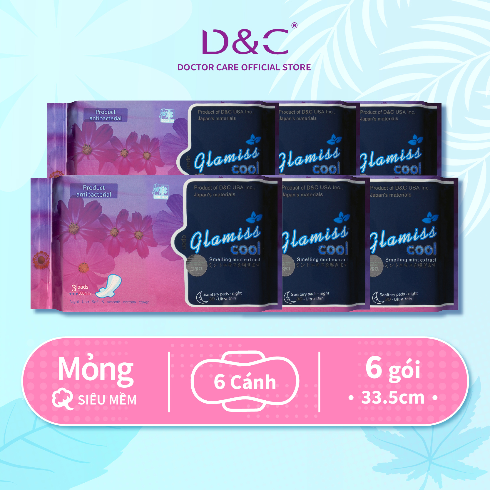 Combo 6 Băng vệ sinh ban đêm Glamiss Cool thảo dược  33.8cm siêu mát siêu khô thoáng