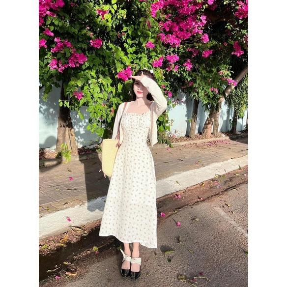 Váy Hai Dây Hoa Nhí/ Áo Khoác Cardigan Mỏng Phong Cách Hàn Quốc