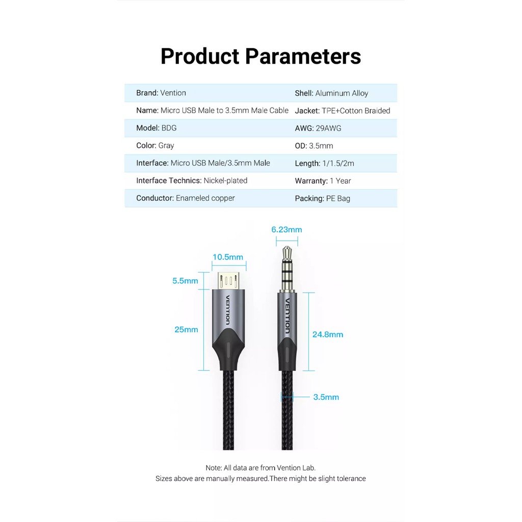 [Micro USB ra 3.5] Cáp kết nối cổng âm thanh Micro USB sang 3.5mm Vention BDG - Hàng chính hãng