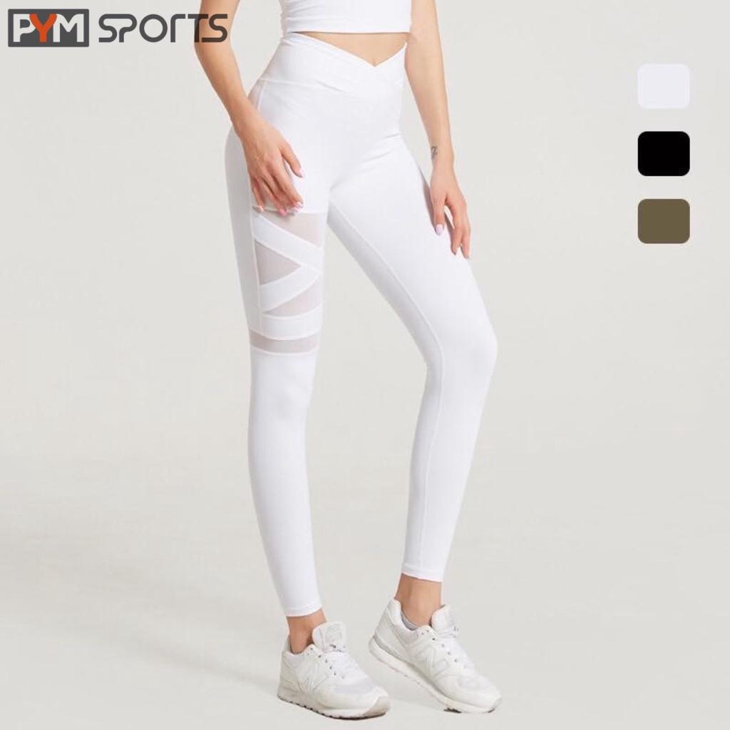 Quần dài legging tập Yoga - Gym PYMSPORT - PYML016, pha lưới, nâng mông, 3 màu đen, xanh rêu, trắng