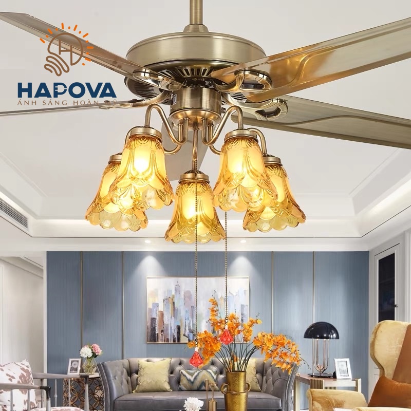 Quạt trần đèn, quạt trần có đèn led 5 cánh HAPOVA LINBA 8095 + Tăng kèm bóng led AS Vàng hàng chính hãng