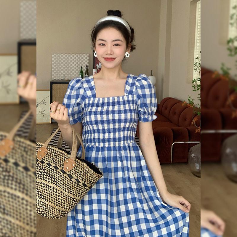 TOBE1SHOP Thanh lịch Port Wind Vintage kẻ sọc ăn vuông cổ thắt lưng sọc đi lại khí chất ngọt ngào bong bóng tay áo váy