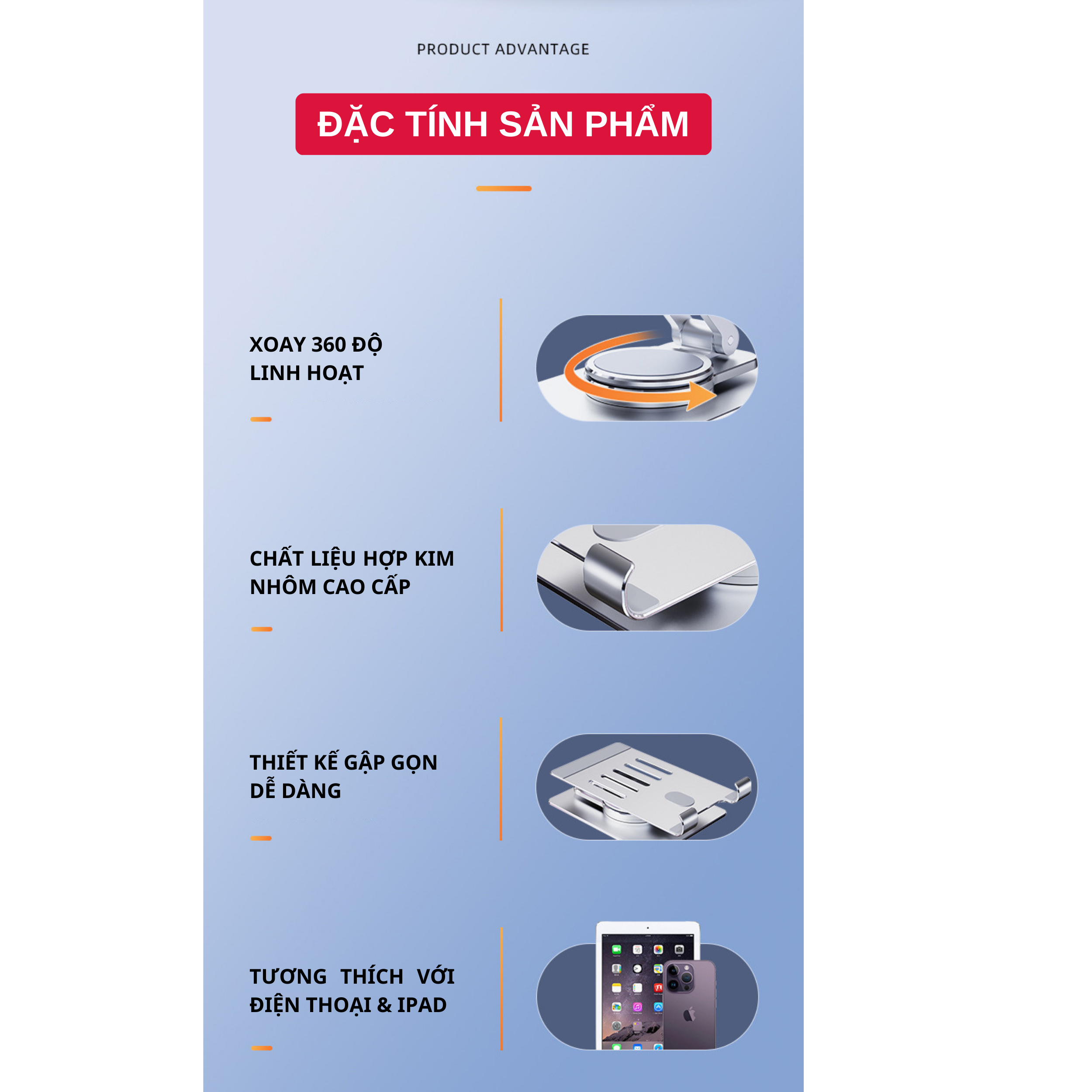 Giá Đỡ Để Bàn Điện Thoại Di Động, Máy Tính Bảng. Có Thể Xoay 360 Độ Chất Liệu Hợp Kim Nhôm Cao Cấp Model T631. Hàng Chính Hãng Tamayoko