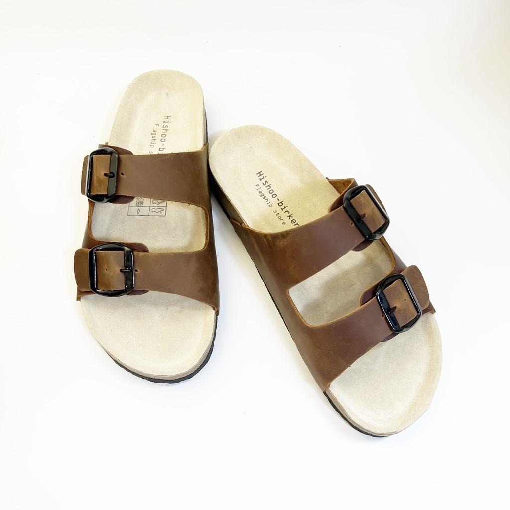 Dép đế trấu birken chất liệu da bò sáp nam nữ unisex quai ngang 2 khóa size 35 - 43 chính hãng Hishoo S104