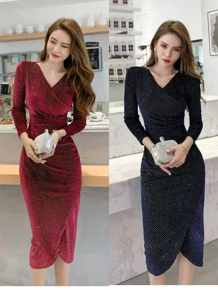 ĐẦM BODY NHUNG KIM SA CỔ ĐẮP CHÉO CAO CẤP