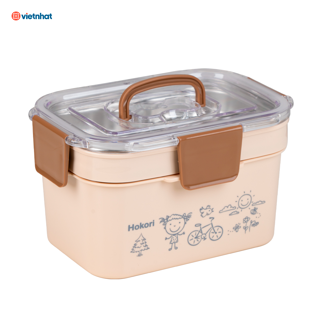 Hộp cơm Cặp lồng giữ nhiệt chữ nhật 2 tầng Hokori Việt Nhật Tặng Kèm Khăn Lau Vệ Sinh