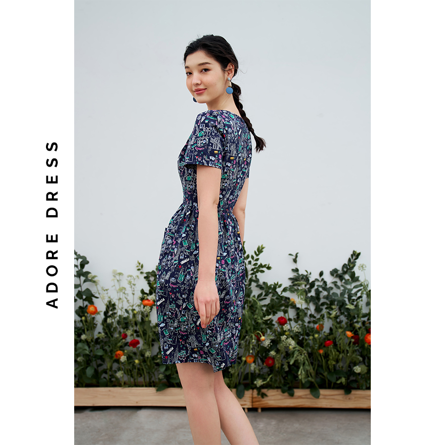 Đầm mini vải thô navy in họa tiết 3ASDR1190 ADORE DRESS