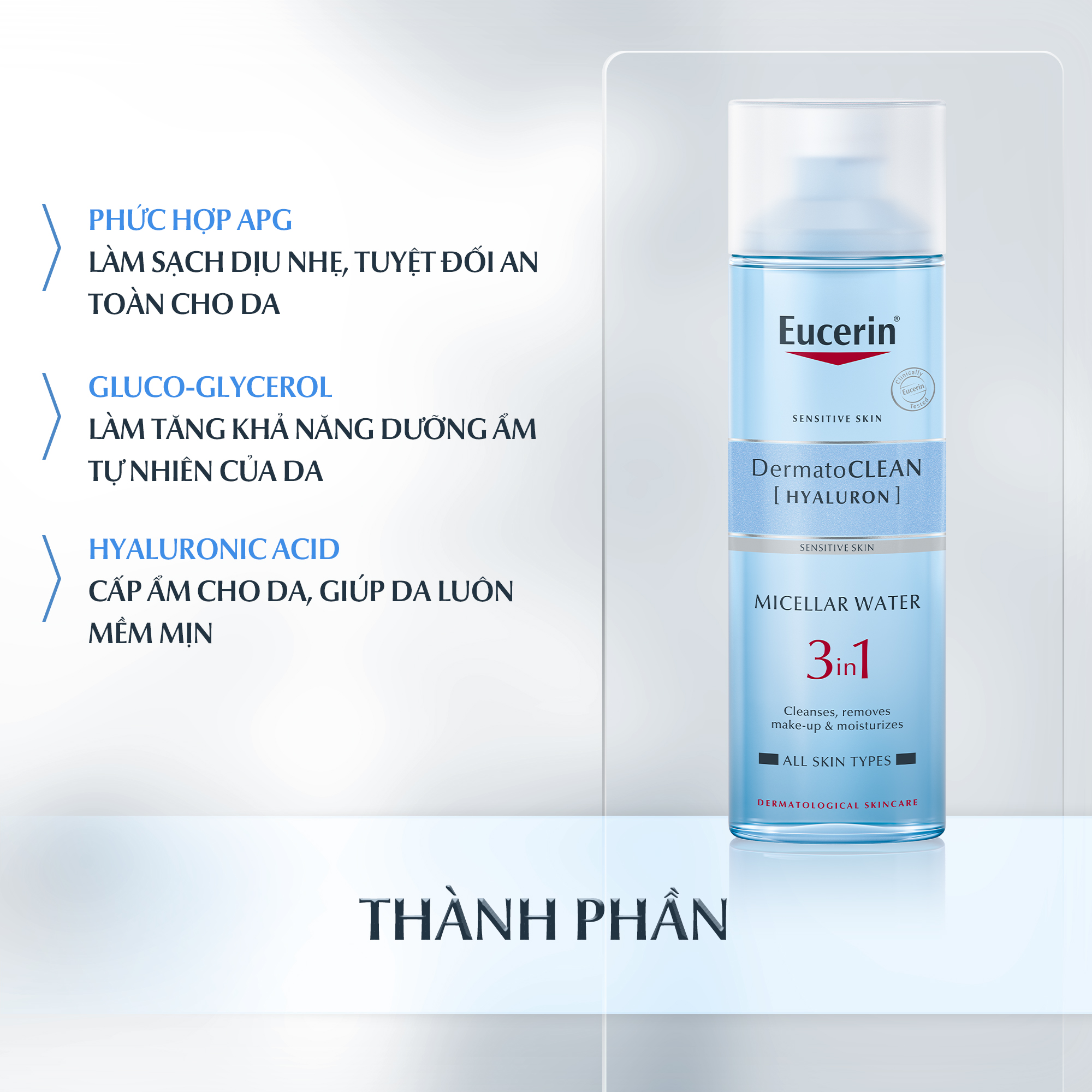 Nước tẩy trang dịu nhẹ cho da nhạy cảm DermatoClean Hyaluron Micellar 3 in 1 Eucerin 200ml