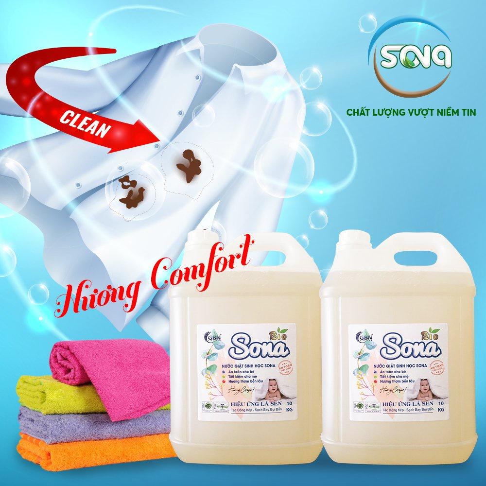 Nước giặt sinh học SONA 10kg giặt xả quần áo 2 trong 1 lưu hương suốt 24h 100% organic