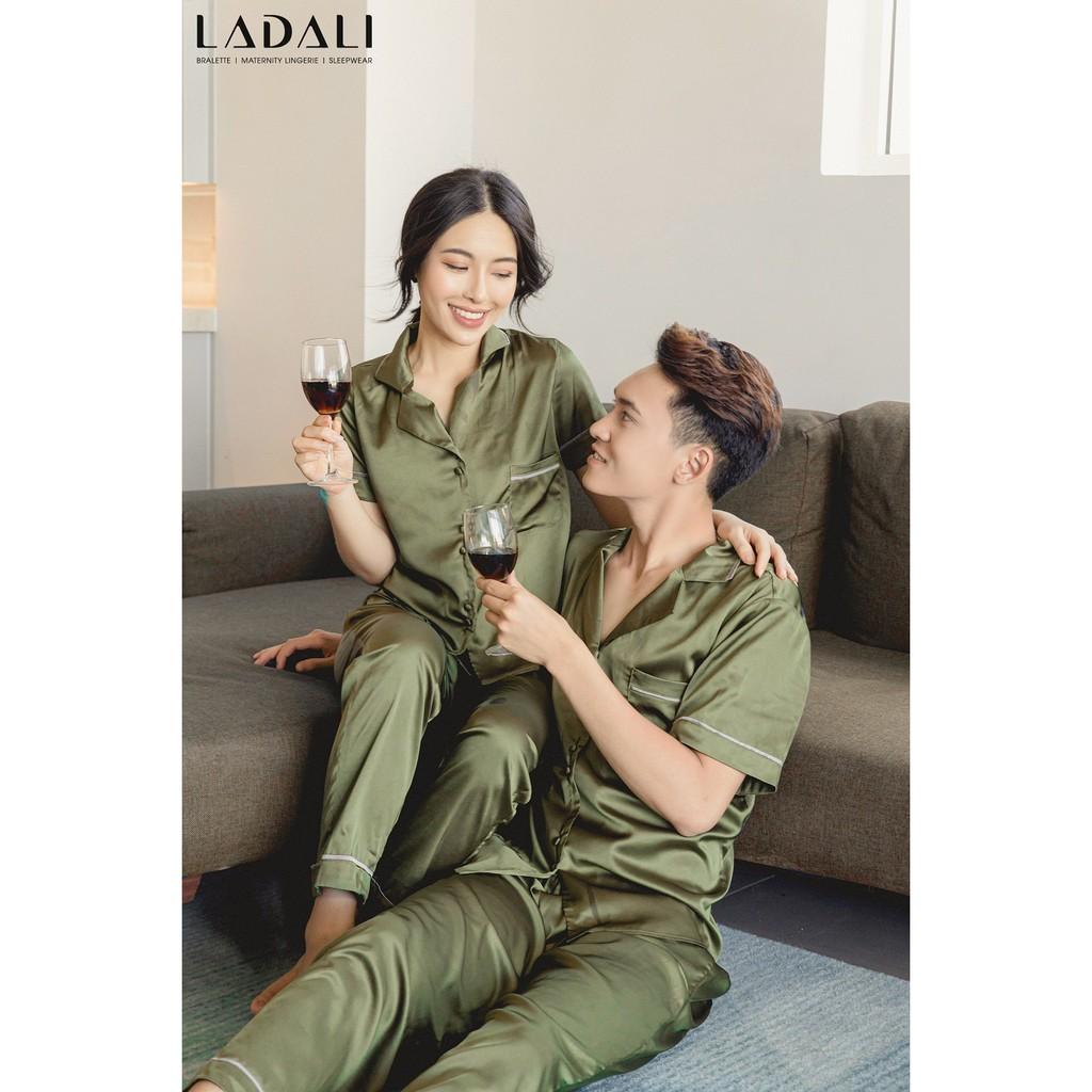 Bộ Đồ Ngủ Pijama Nam Nữ Lụa Satin Cao Cấp Thoáng Mát Màu Rêu Ladali