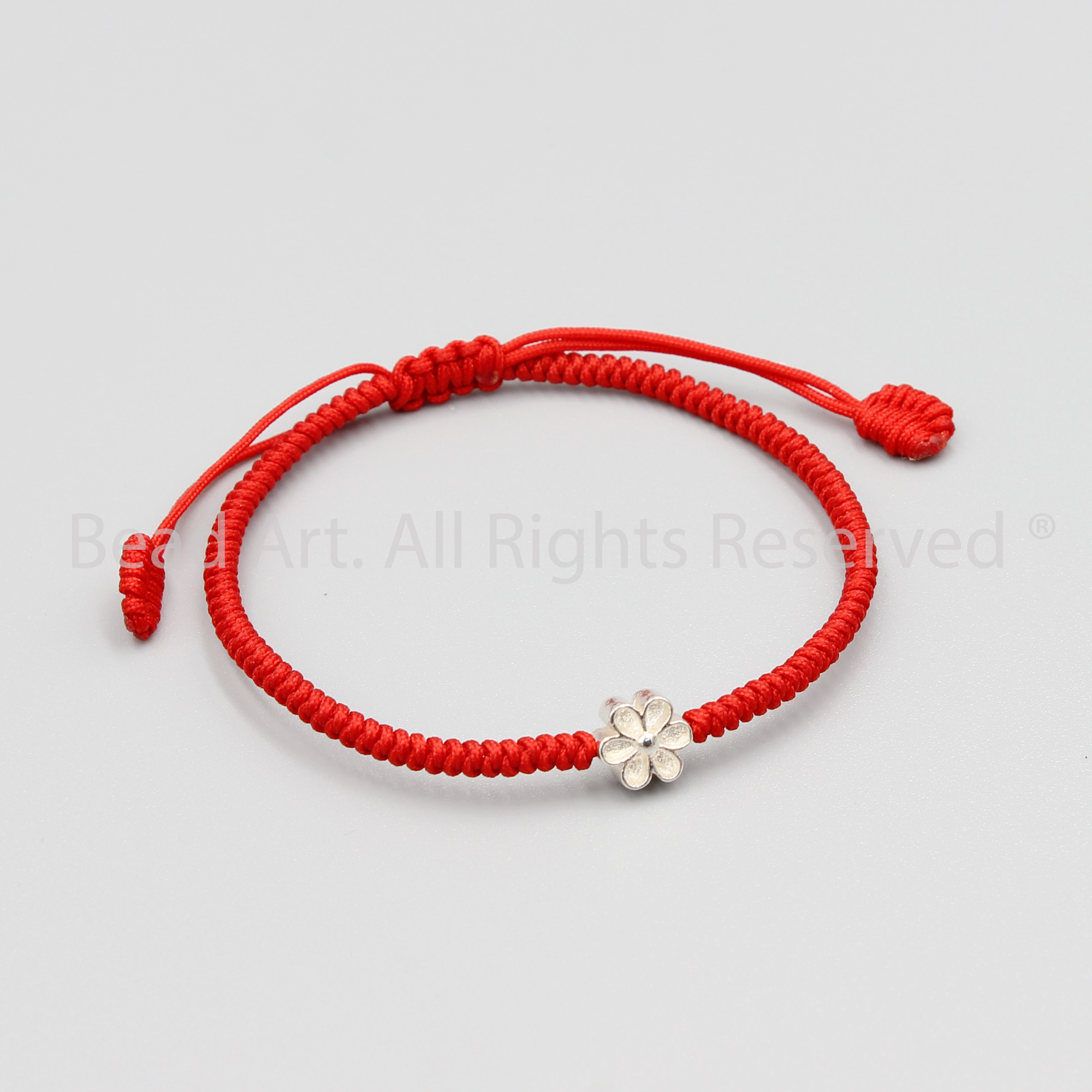 Vòng Tay Thắt Dây Đỏ Hình Hoa Cúc Nhỏ Bạc 925, Vòng Tay Phong Thuỷ - Bead Art