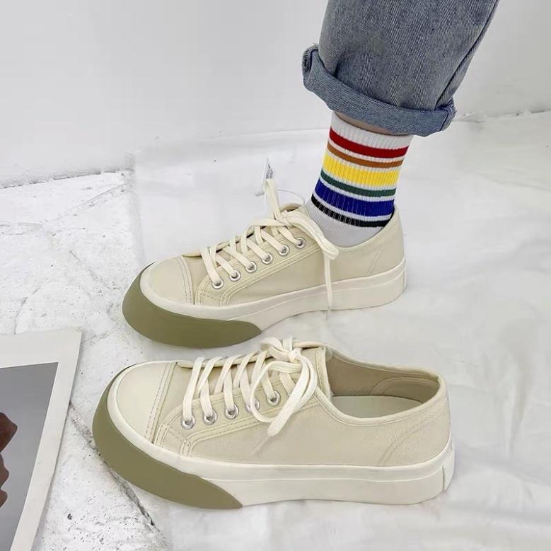 Giày nữ đế bằng bánh mì basic độn đế 4cm vải canvas bata mới hot phong cách retro ulzzang đẹp cá tính, Sneaker nữ 2021