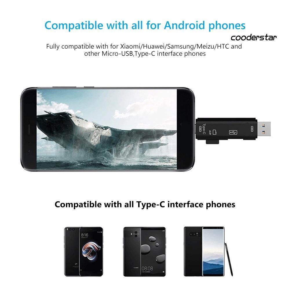 Đầu Đọc Thẻ Nhớ OTG Micro USB Type C TF 5 Trong 1 Đa Năng Cho Android Và Máy Tính Bàn
