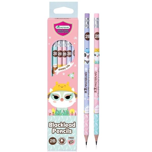Hộp 12 Bút Chì Gỗ 2B Blacklead Pencil + Chuốt Chì - Masterart Happy Life (Mẫu Màu Giao Ngẫu Nhiên)