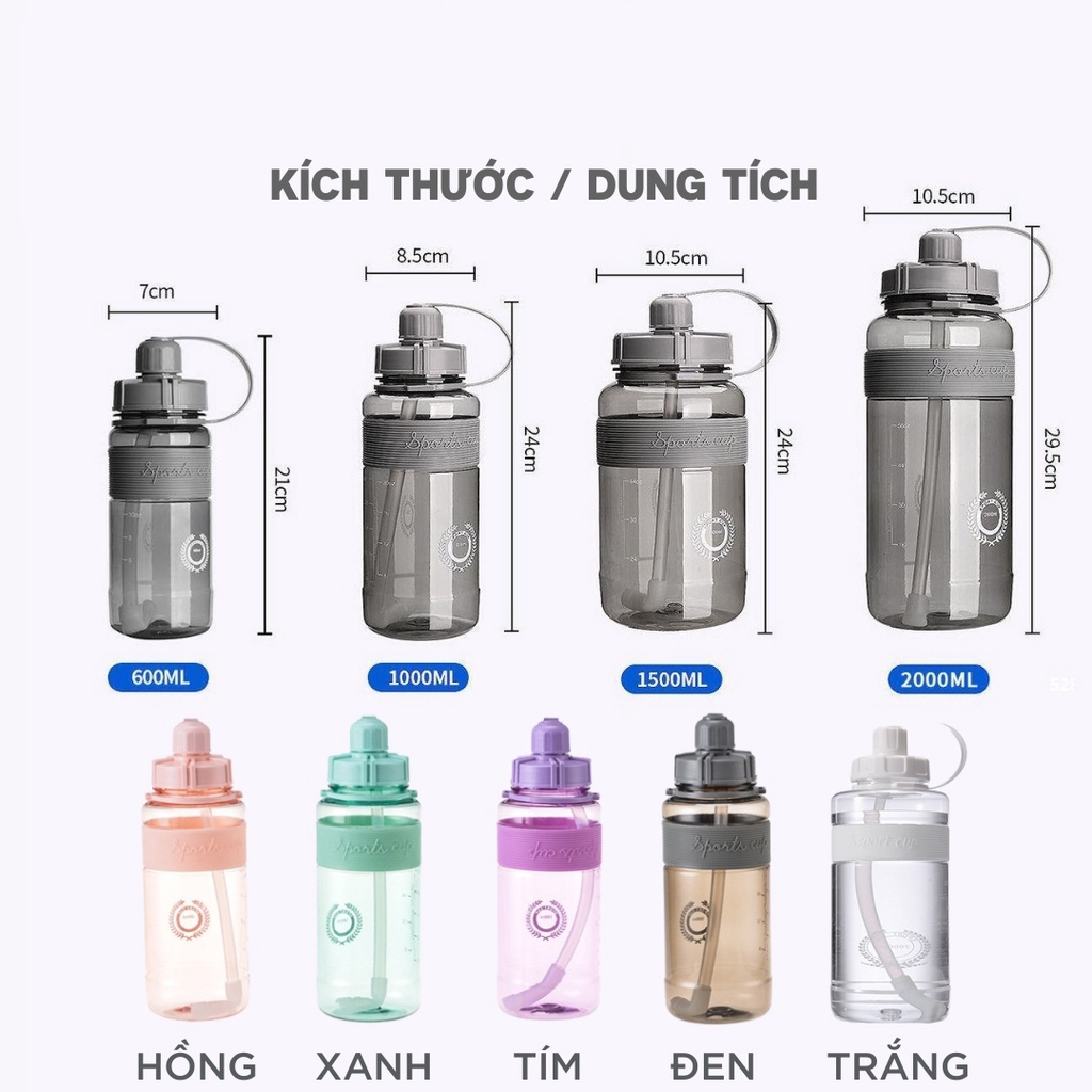 Bình Đựng Nước Nhựa PP Cao Cấp, Dung Tích 600ml - 2000ml, Có Vạch Nhắc Nhở Uống Nước, Kèm Ống Hút Và Dây Đeo Tiện Lợi Di Chuyển Tập Luyện Thể Thao